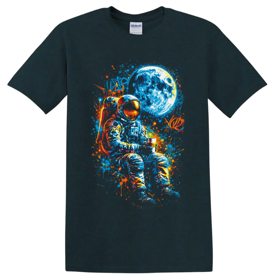 Seated astronaut beneath a cratered moon in vivid blue and orange graffiti art on a Midnight (Green) T Shirt