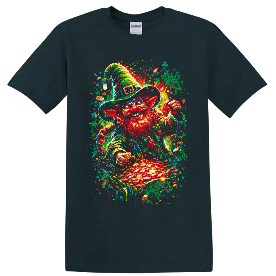 Graffiti-style leprechaun with shamrocks, gold coins, and glowing pot of gold on a Midnight (Green) T Shirt
