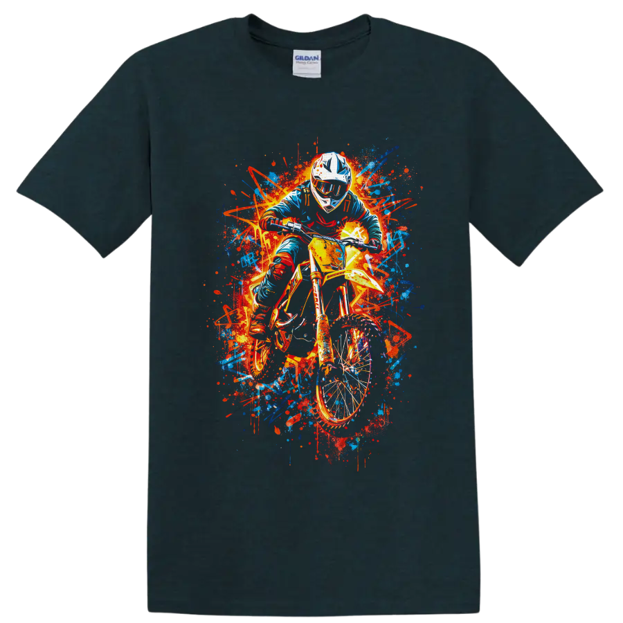 Helmeted motocross rider on dirt bike in neon graffiti paint-splash art on a Midnight (Green) T Shirt