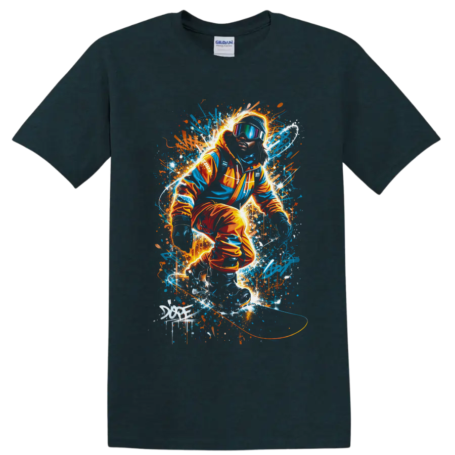 Neon graffiti snowboarder in goggles carving through glowing blue and orange snow spray on a Midnight (Green) T Shirt