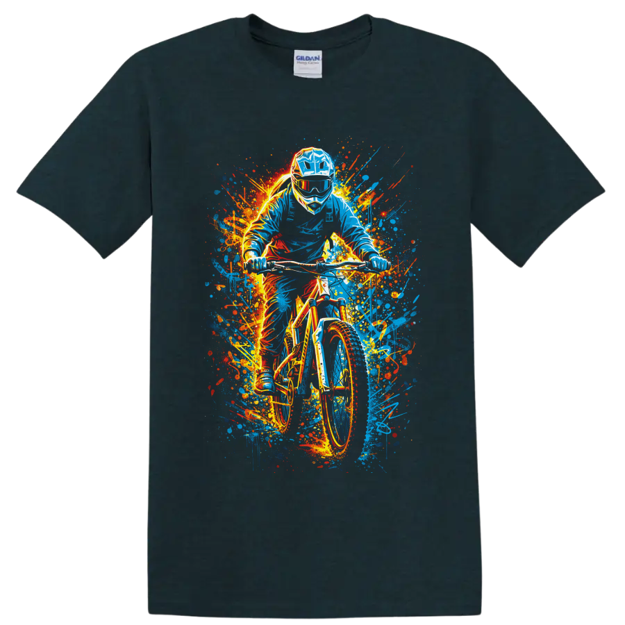 Helmeted motocross rider on dirt bike in vivid graffiti-style paint splashes on a Midnight (Green) T Shirt