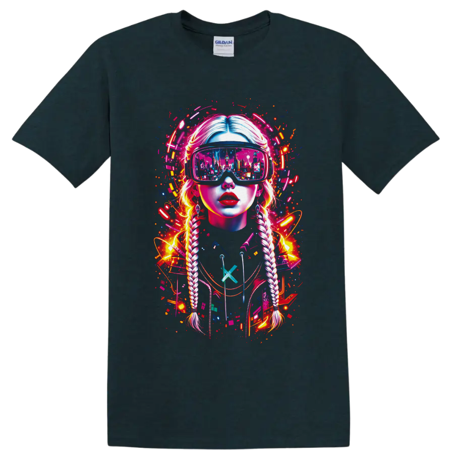 Cyberpunk braided woman in VR goggles with neon city reflection and digital splatter on a Midnight (Green) T Shirt