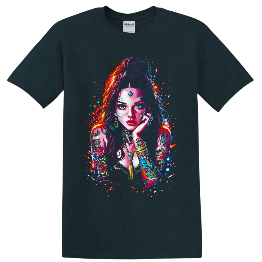 Neon futuristic portrait of a tattooed woman with blue eyes, jewelry, and floral arm art on a Midnight (Green) T Shirt