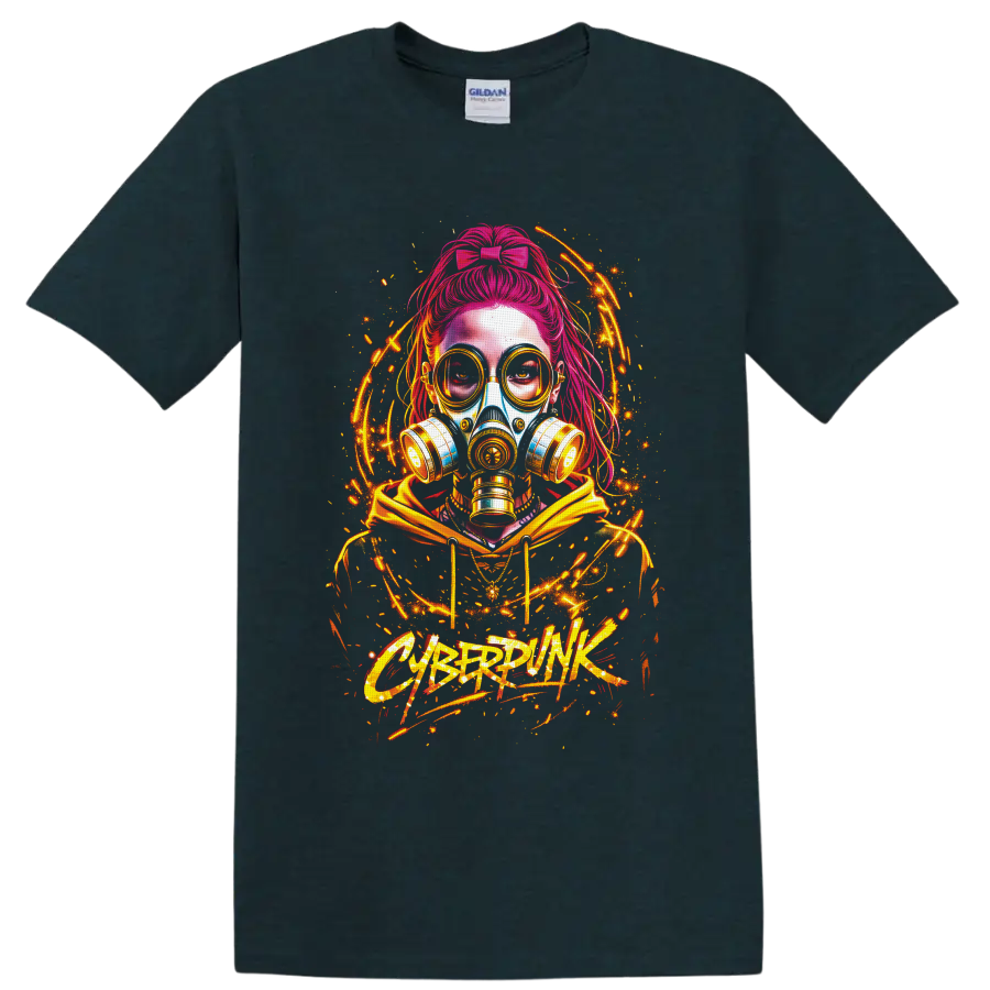 Cyberpink pink-haired woman in gas mask with neon orange graffiti energy arcs on a Midnight (Green) T Shirt