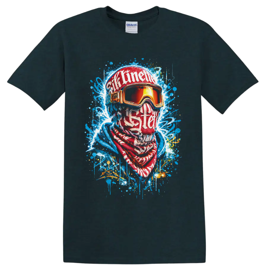 Graffiti-style winter sports portrait with ski goggles, helmet, scarf, and paint splatters on a Midnight (Green) T Shirt