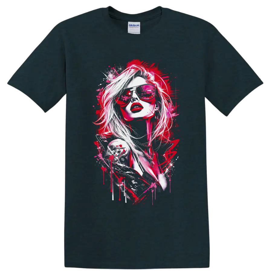 Red fashion portrait in reflective sunglasses with paint splatter street art on a Midnight (Green) T Shirt