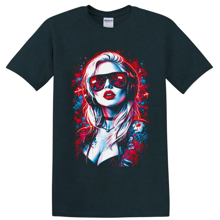 Neon woman portrait with sunglasses, headphones, and red-blue graffiti splatters on a Midnight (Green) T Shirt
