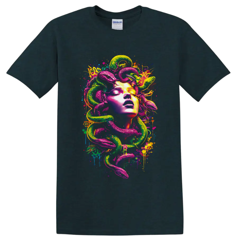 Neon Medusa-inspired portrait with coiling pink and green snakes in graffiti art on a Midnight (Green) T Shirt