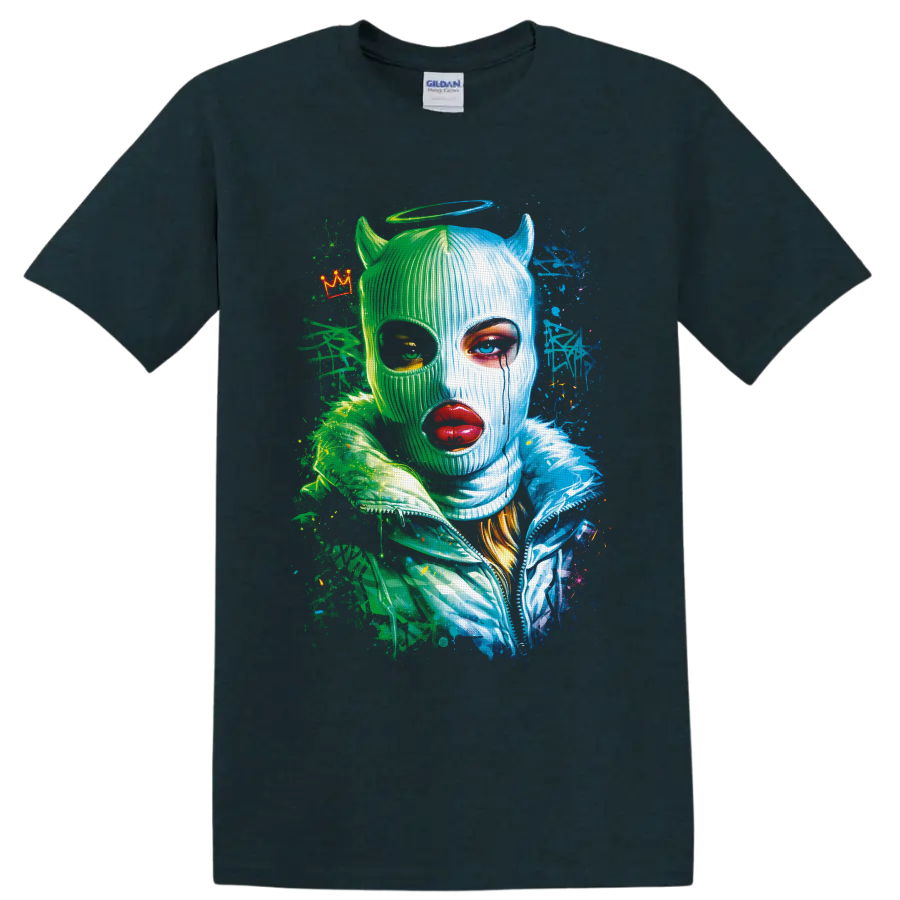 Neon green and blue horned masked portrait with halo, crown, and splatter art on a Midnight (Green) T Shirt
