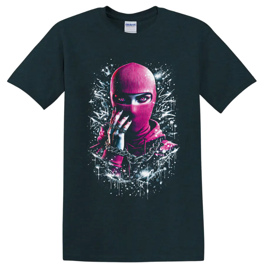 Neon pink masked woman with chains and rings in cyberpunk graffiti portrait art on a Midnight (Green) T Shirt