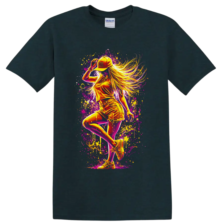 Neon dance girl in cap and sneakers with flowing hair and graffiti paint splatters on a Midnight (Green) T Shirt