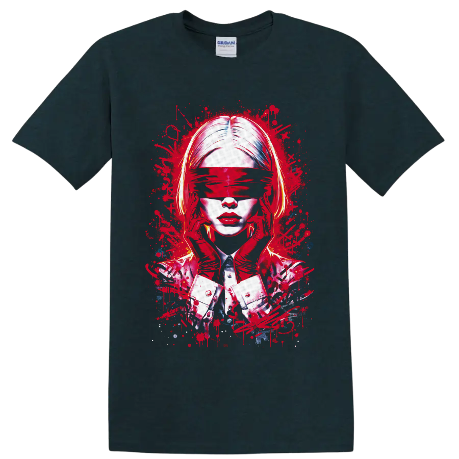 Blindfolded woman abstract portrait with red paint splatters and red gloves on a Midnight (Green) T Shirt