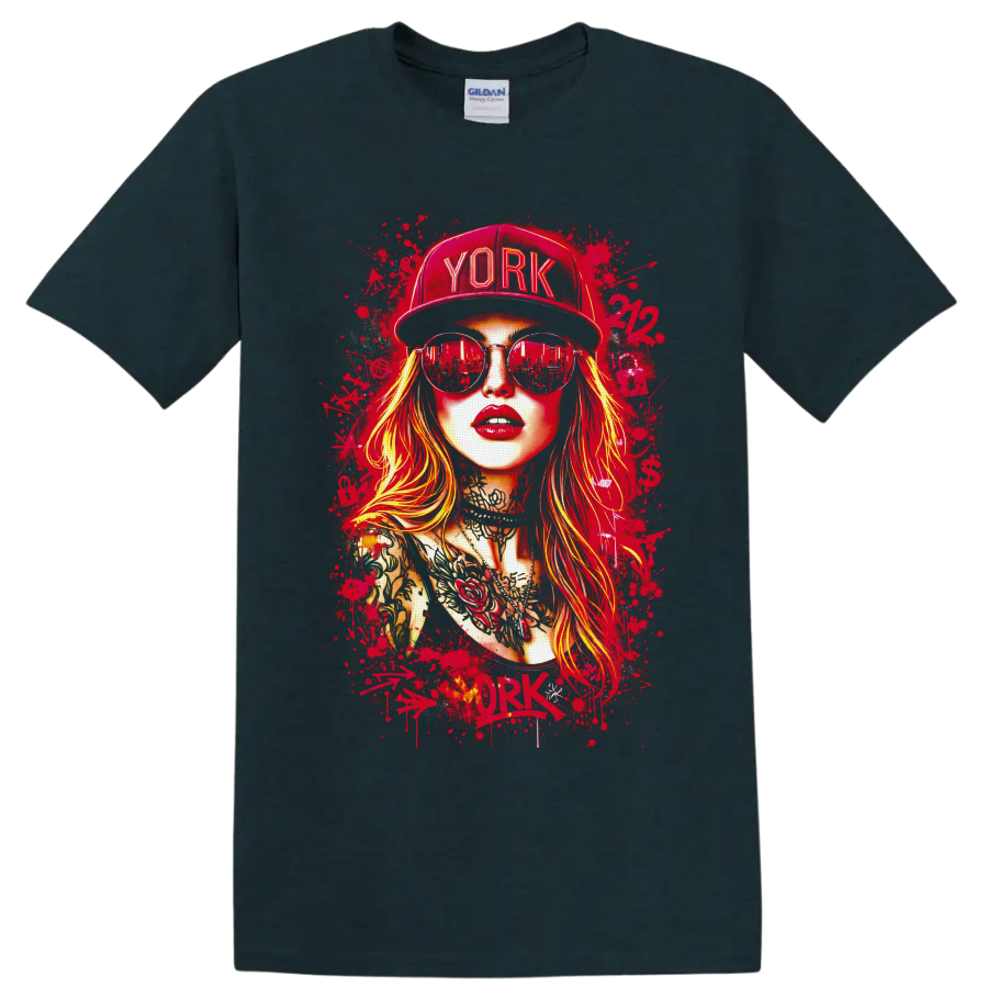 Tattooed woman portrait in YORK cap and sunglasses with red paint-splatter street art on a Midnight (Green) T Shirt
