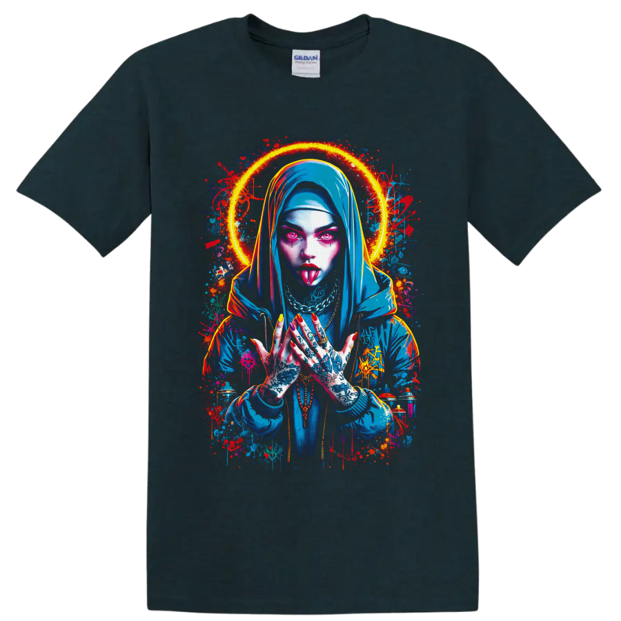 Neon tattooed gothic woman in a blue hood with a glowing halo and graffiti splashes on a Midnight (Green) T Shirt