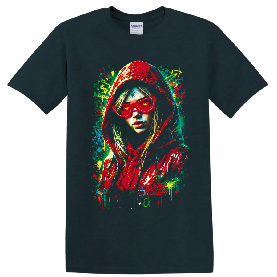 Hooded woman in red sunglasses with colorful graffiti paint splatter portrait on a Midnight (Green) T Shirt