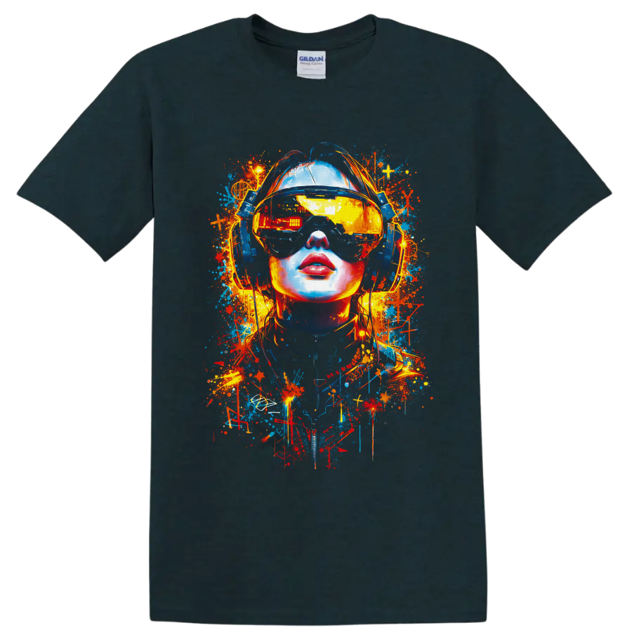 Cyberpunk woman in reflective VR visor and headphones with neon graffiti splashes on a Midnight (Green) T Shirt