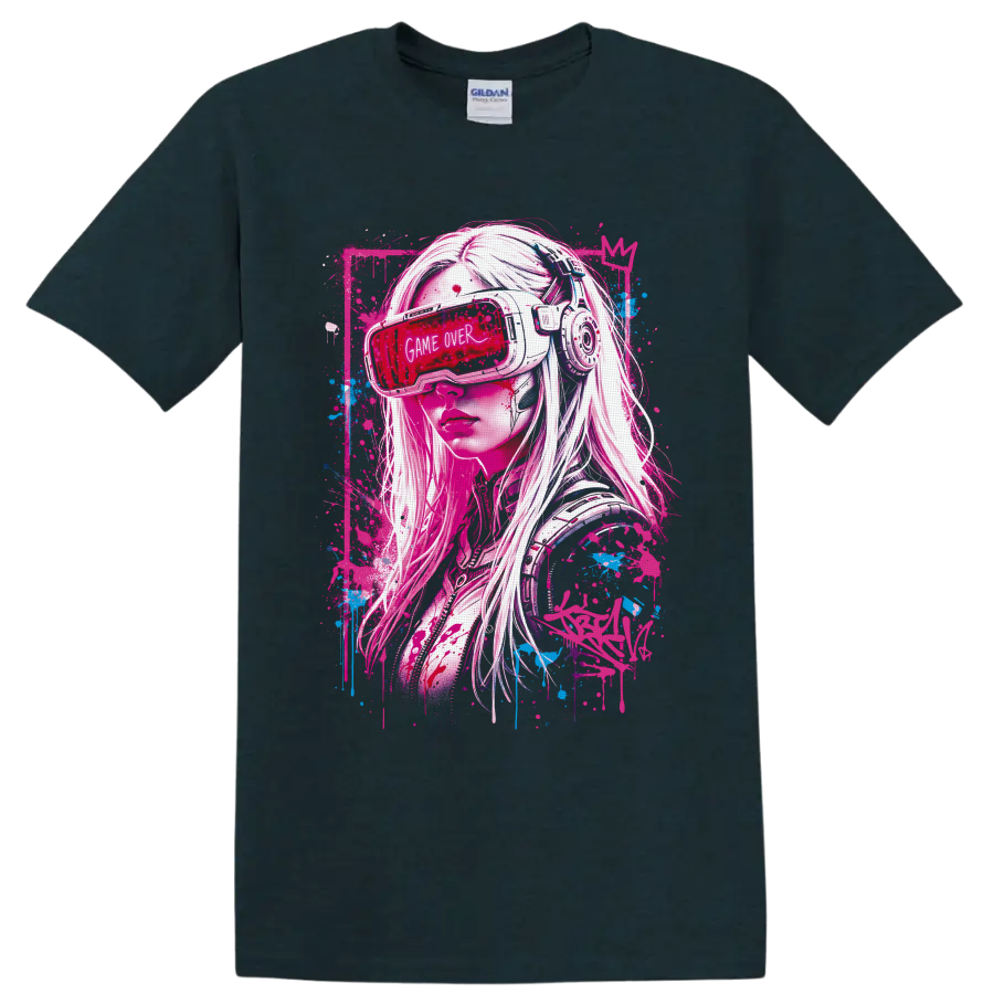 Cyberpunk gamer girl in VR headset with Game Over visor and neon graffiti splatters on a Midnight (Green) T Shirt
