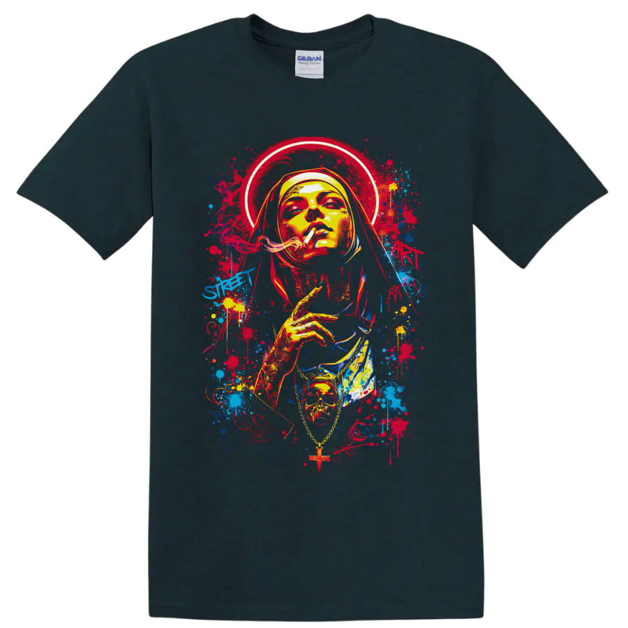 Gothic smoking nun portrait with halo, skull pendant, cross, and graffiti splatters on a Midnight (Green) T Shirt