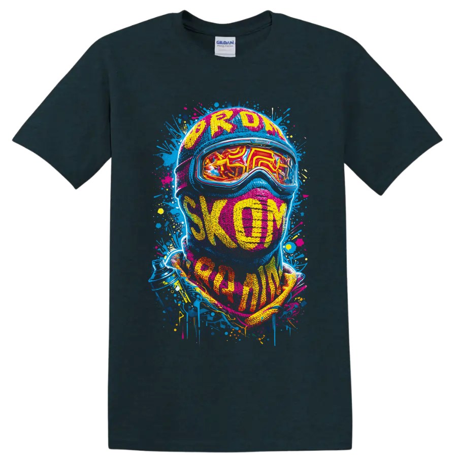 Neon graffiti helmeted skier portrait with reflective goggles and Freedom text on a Midnight (Green) T Shirt