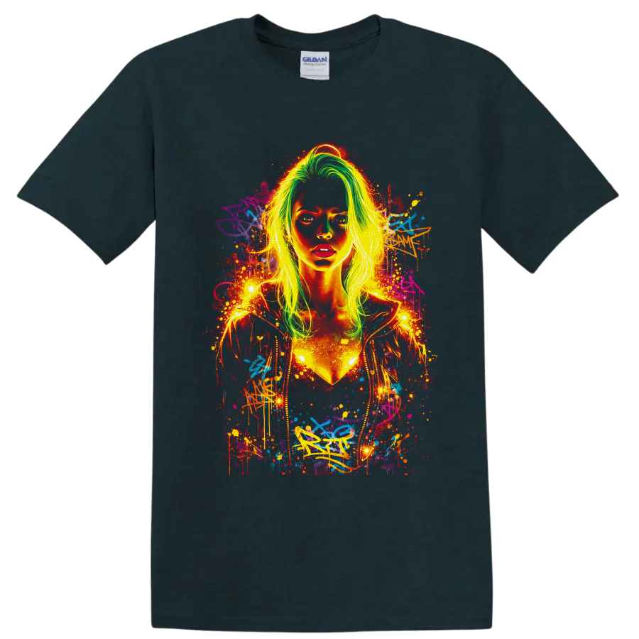 Neon graffiti woman portrait with lime-green hair, paint splatters, and urban street art on a Midnight (Green) T Shirt