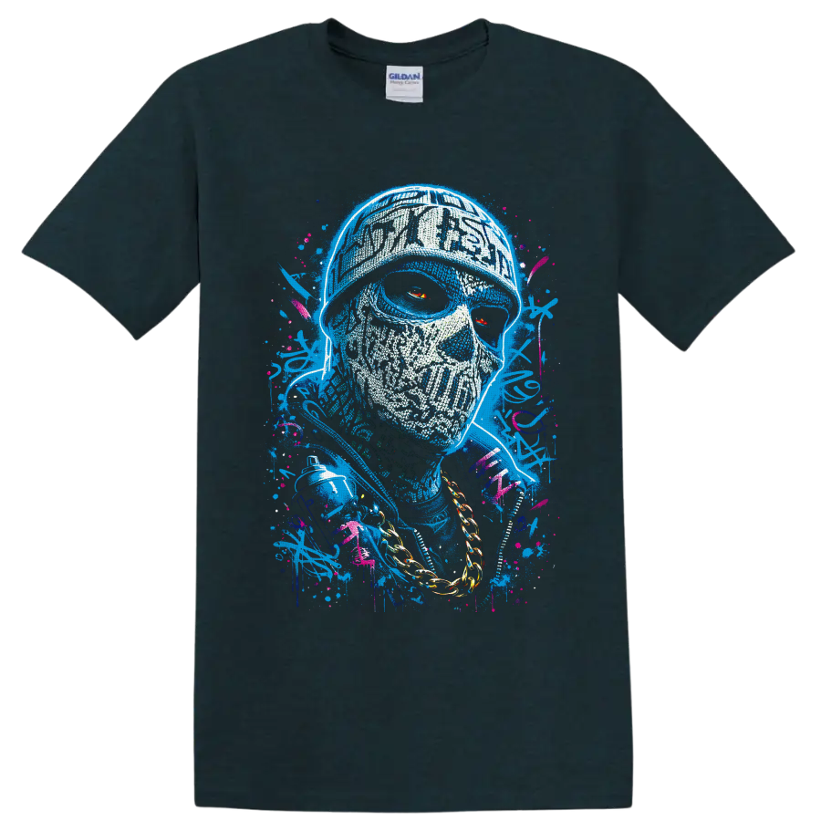 Graffiti-style skull portrait with red eyes, gold chain, spray can, and paint splatters on a Midnight (Green) T Shirt