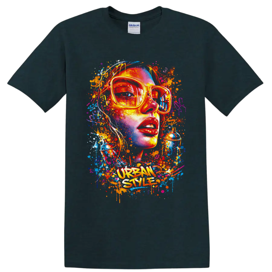 Graffiti-style woman portrait in sunglasses with spray cans and Urban Style text on a Midnight (Green) T Shirt