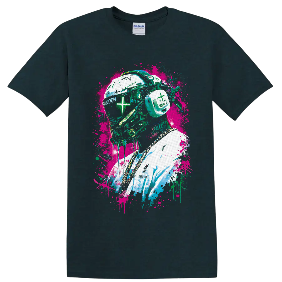 Cyberpunk helmeted portrait with neon graffiti splatters and mechanical details on a Midnight (Green) T Shirt