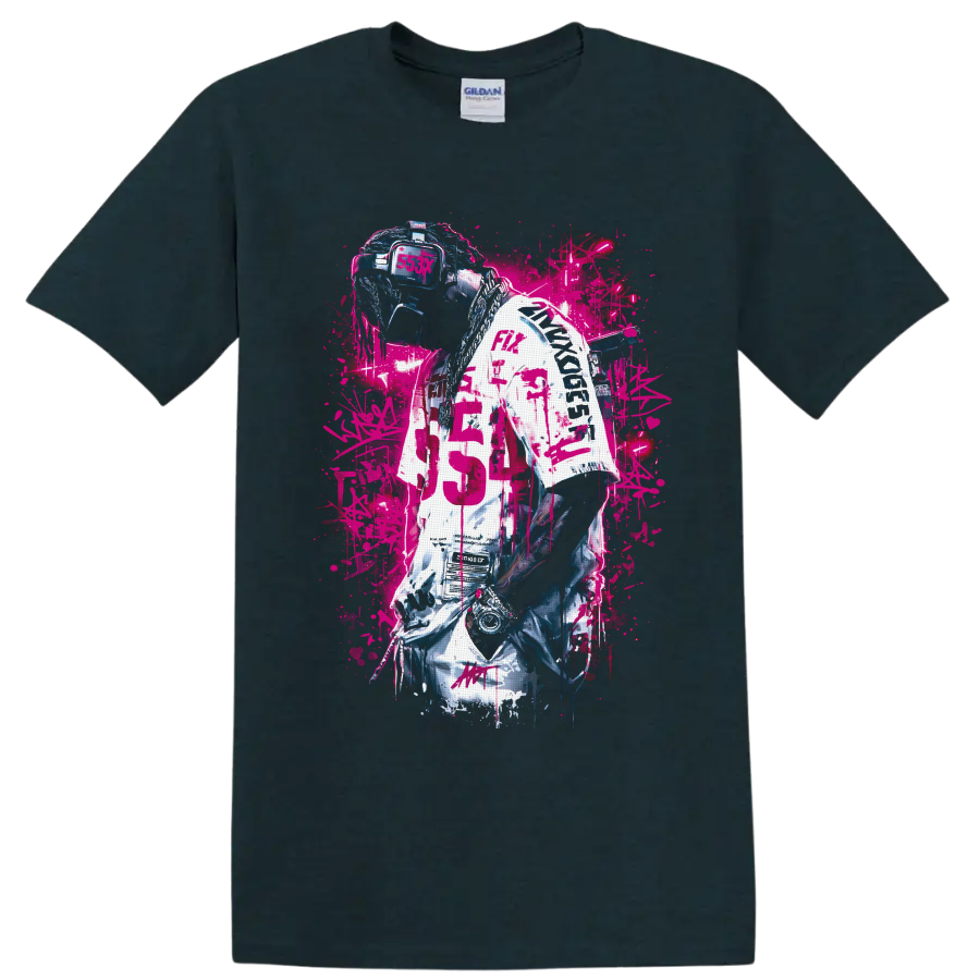 Cyberpunk DJ portrait with visor headset, chains, jersey, and neon pink graffiti on a Midnight (Green) T Shirt