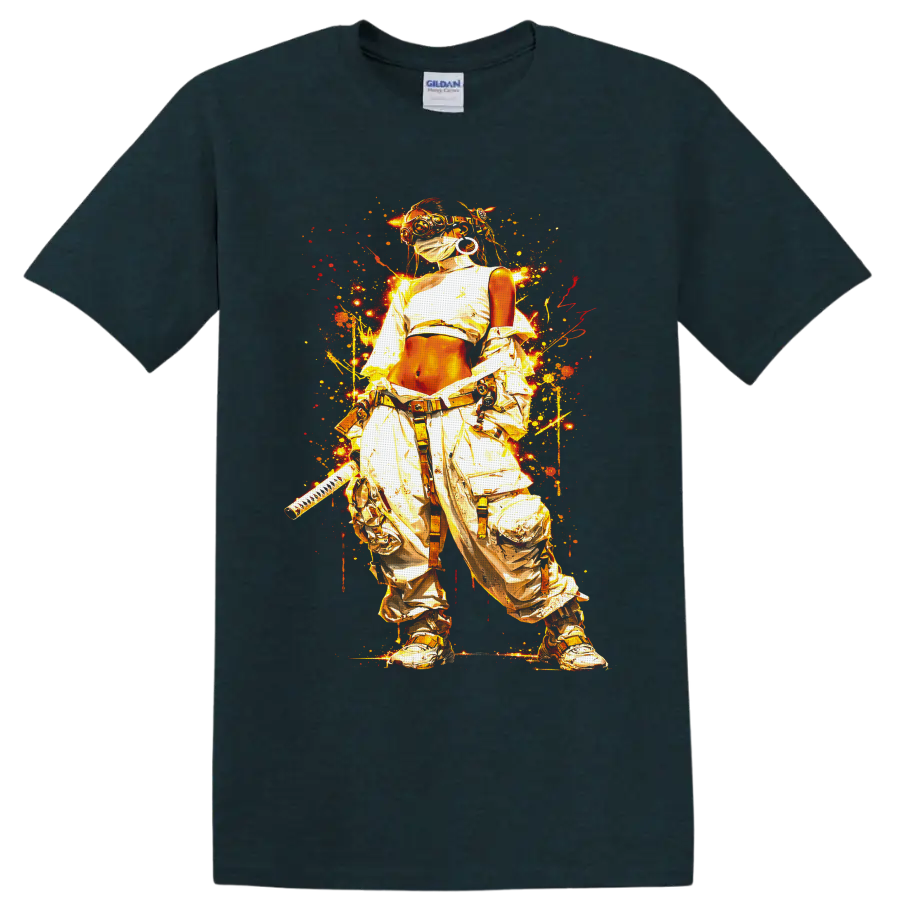 Cyberpunk masked ninja warrior with katana in fiery gold graffiti splatter art on a Midnight (Green) T Shirt
