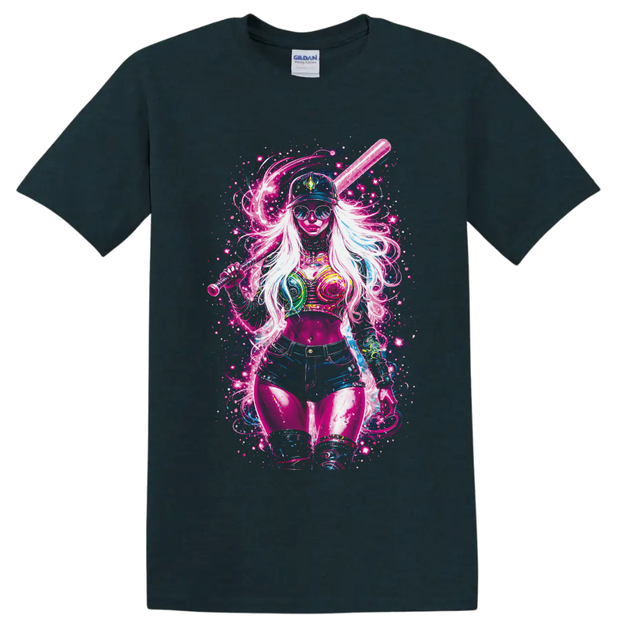 Neon pop art woman in cap and sunglasses holding a baseball bat amid cosmic splatters on a Midnight (Green) T Shirt