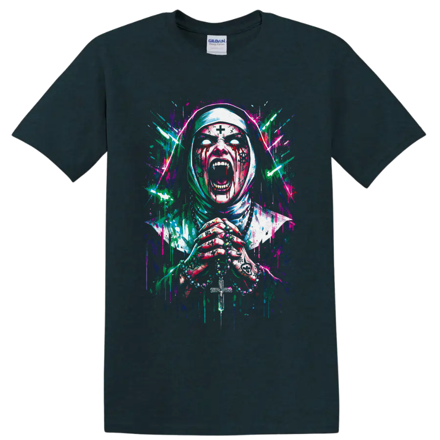 Neon splatter art of a screaming zombie nun holding rosary beads and a cross on a Midnight (Green) T Shirt