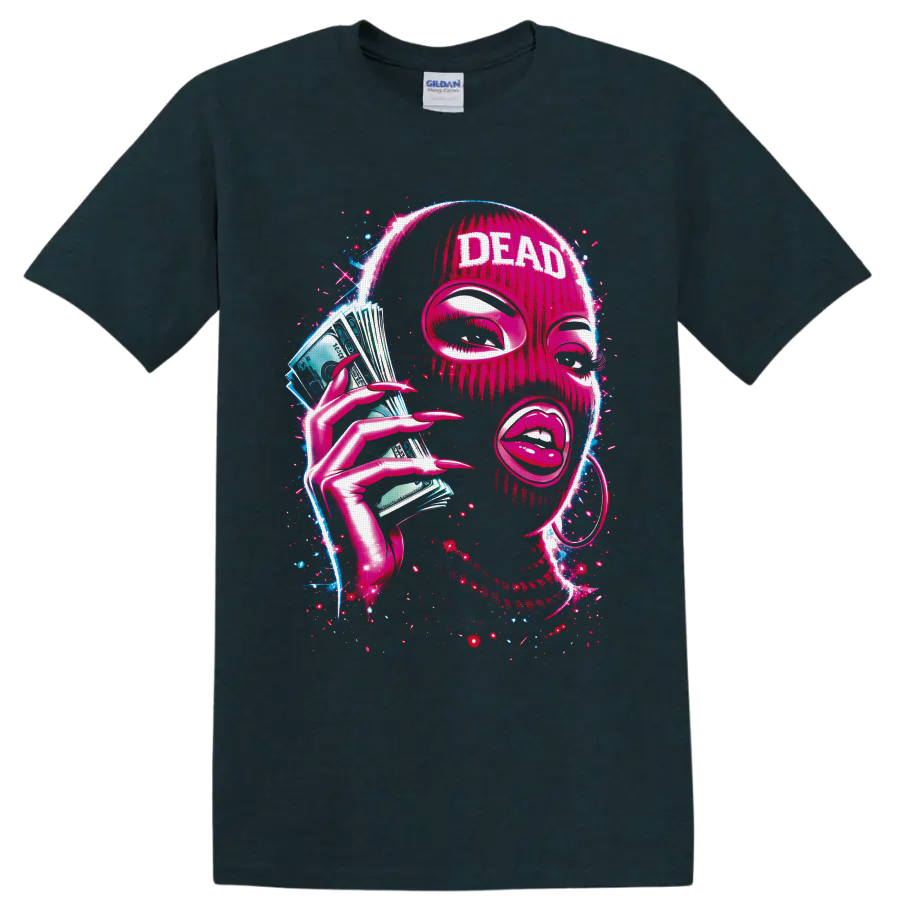 Neon pink masked portrait with DEAD text, cash fan, long nails, and electric splatter art on a Midnight (Green) T Shirt