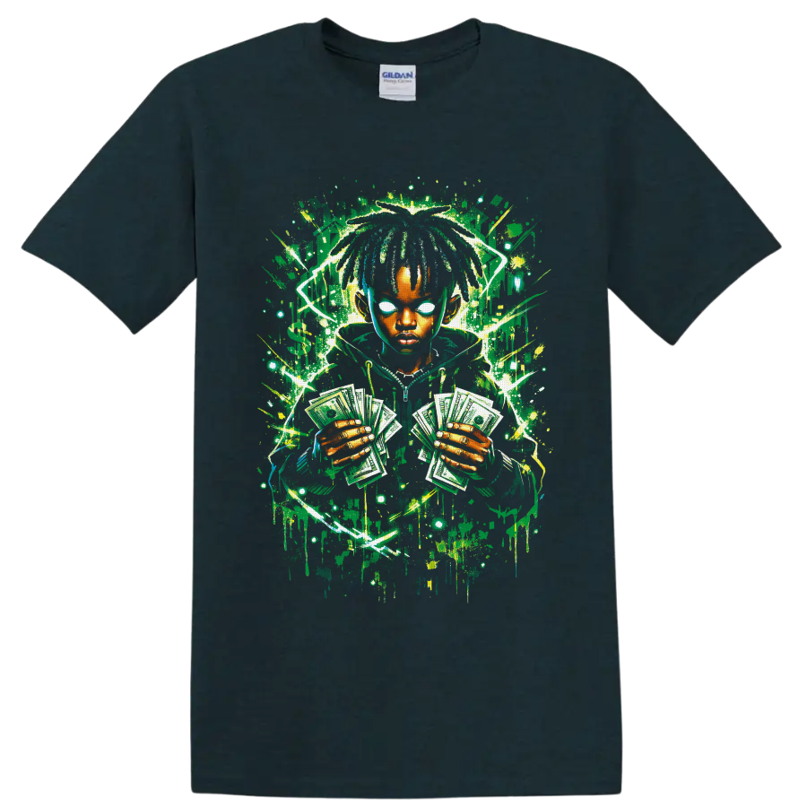 Neon graffiti portrait of a dreadlocked figure holding fanned dollar bills on a Midnight (Green) T Shirt