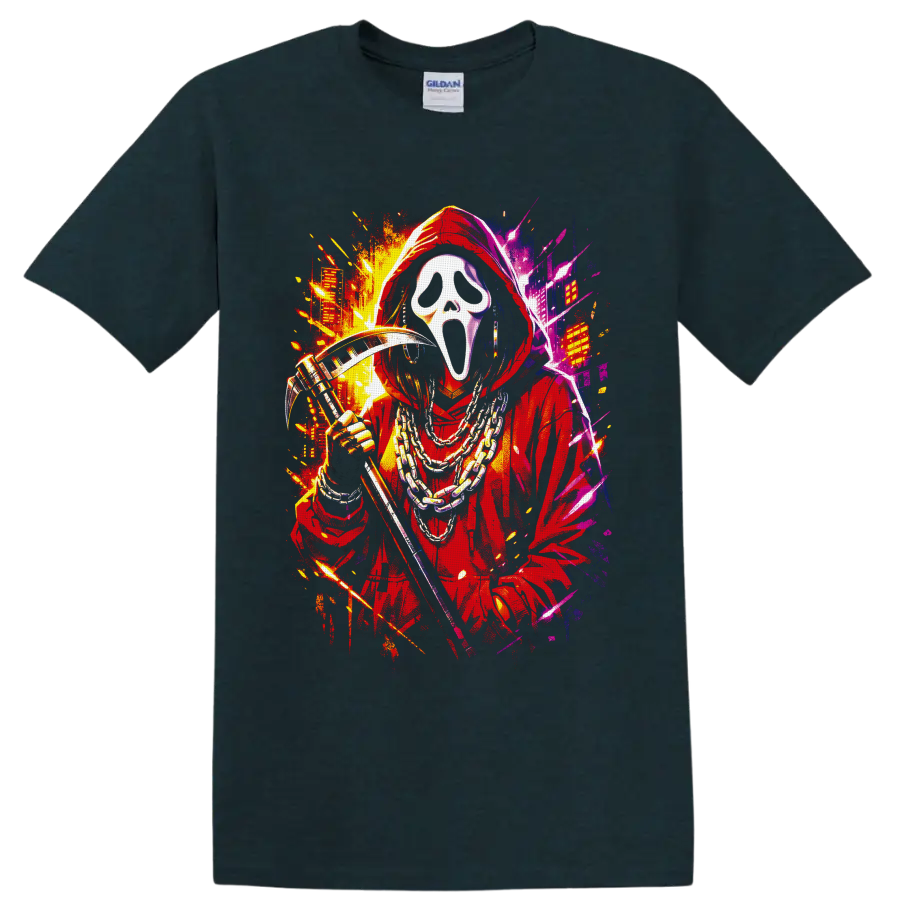 Ghostface in red hood with chains and reaper blade in neon splatter street art on a Midnight (Green) T Shirt