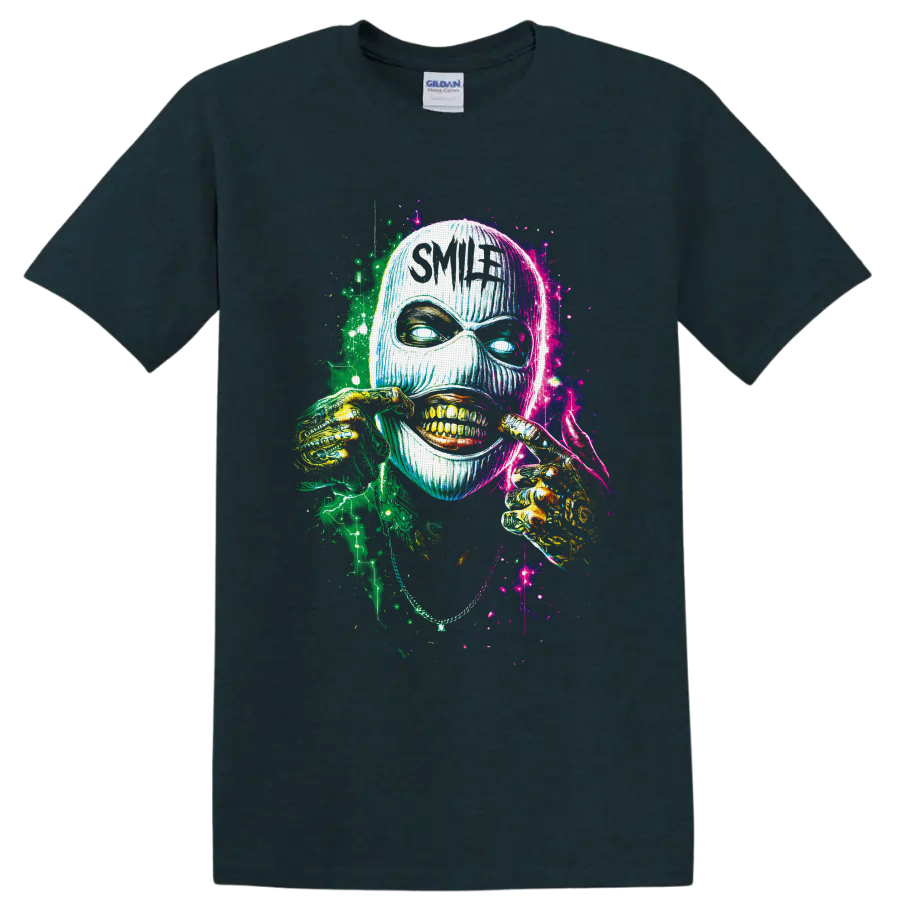 Neon masked skull grin with skeletal hands and Smile text in splatter art on a Midnight (Green) T Shirt
