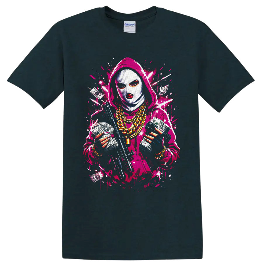 Masked hooded figure with cash, gold chains, rifle, and neon graffiti splatters on a Midnight (Green) T Shirt