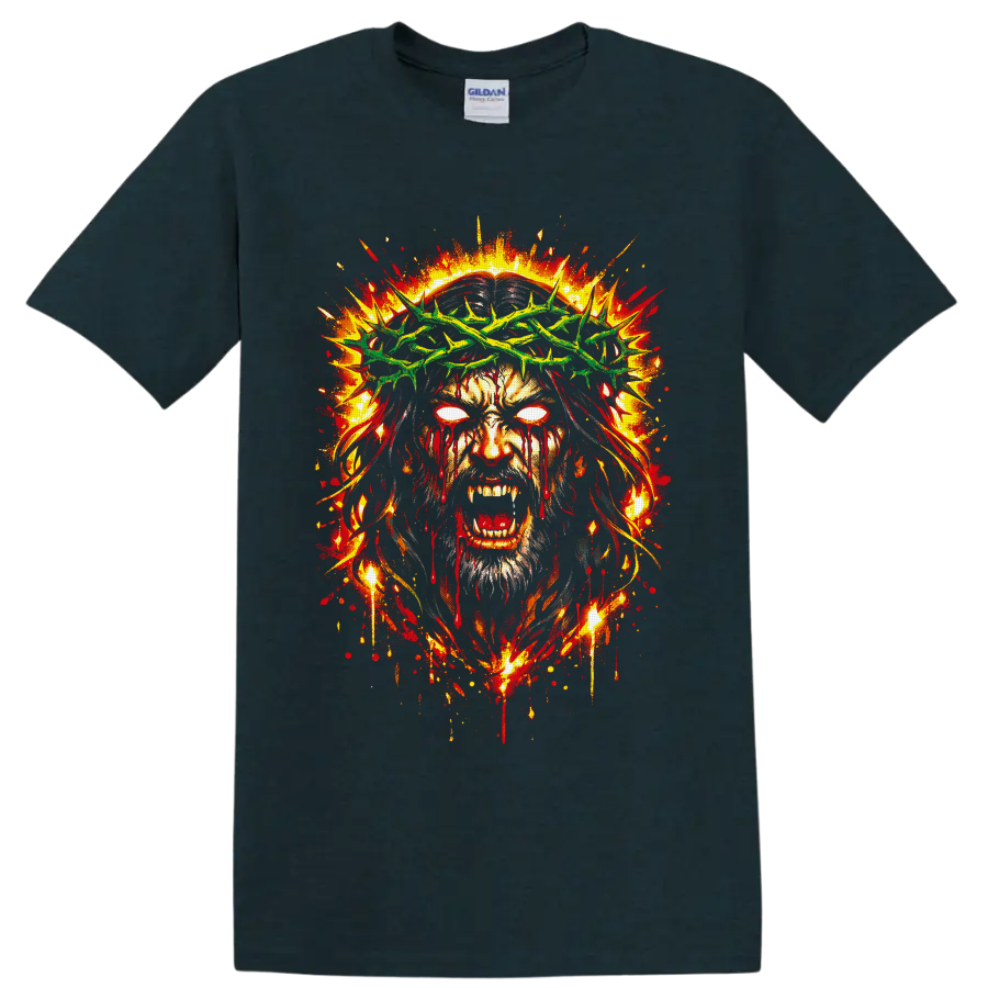 Zombie Jesus portrait with green crown of thorns, glowing eyes, and fiery gothic splatter on a Midnight (Green) T Shirt