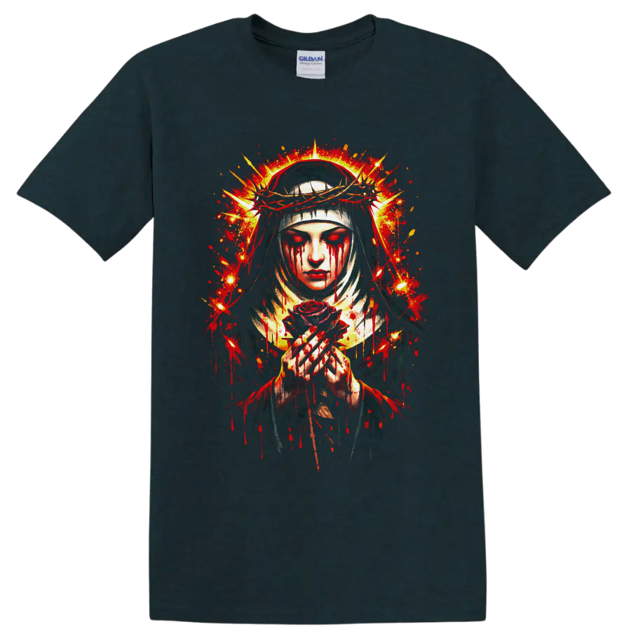 Gothic veiled woman with crown of thorns, crimson tears, red rose, and halo splatter art on a Midnight (Green) T Shirt
