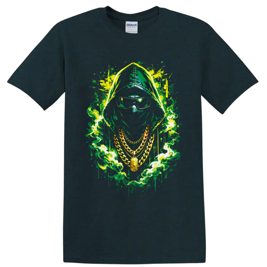 Hooded masked figure with sunglasses, gold chains, and neon graffiti smoke on a Midnight (Green) T Shirt