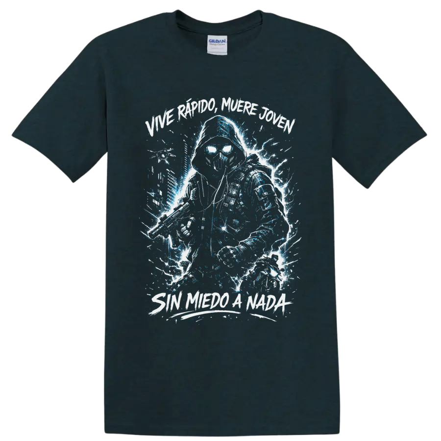 Hooded skull warrior with sword and blue lightning, Sin Miedo A Nada lettering on a Midnight (Green) T Shirt