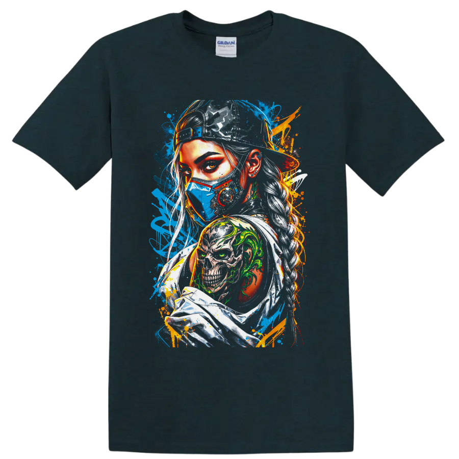 Cyberpunk masked woman portrait with blue respirator mask, skull tattoo, and neon graffiti on a Midnight (Green) T Shirt