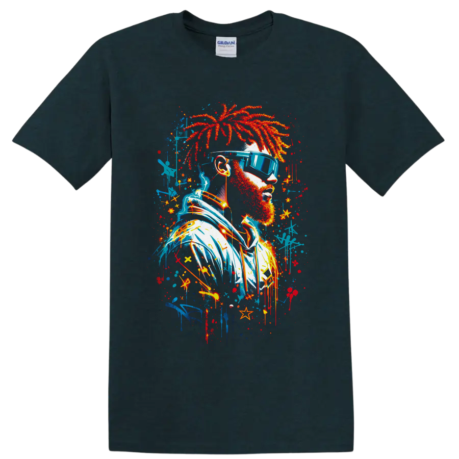 Graffiti-style bearded portrait with red dreadlocks, blue sunglasses, headphones, and on a Midnight (Green) T Shirt