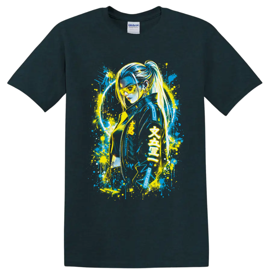 Female V cyberpunk graffiti portrait with neon splatter art on a Midnight (Green) T Shirt