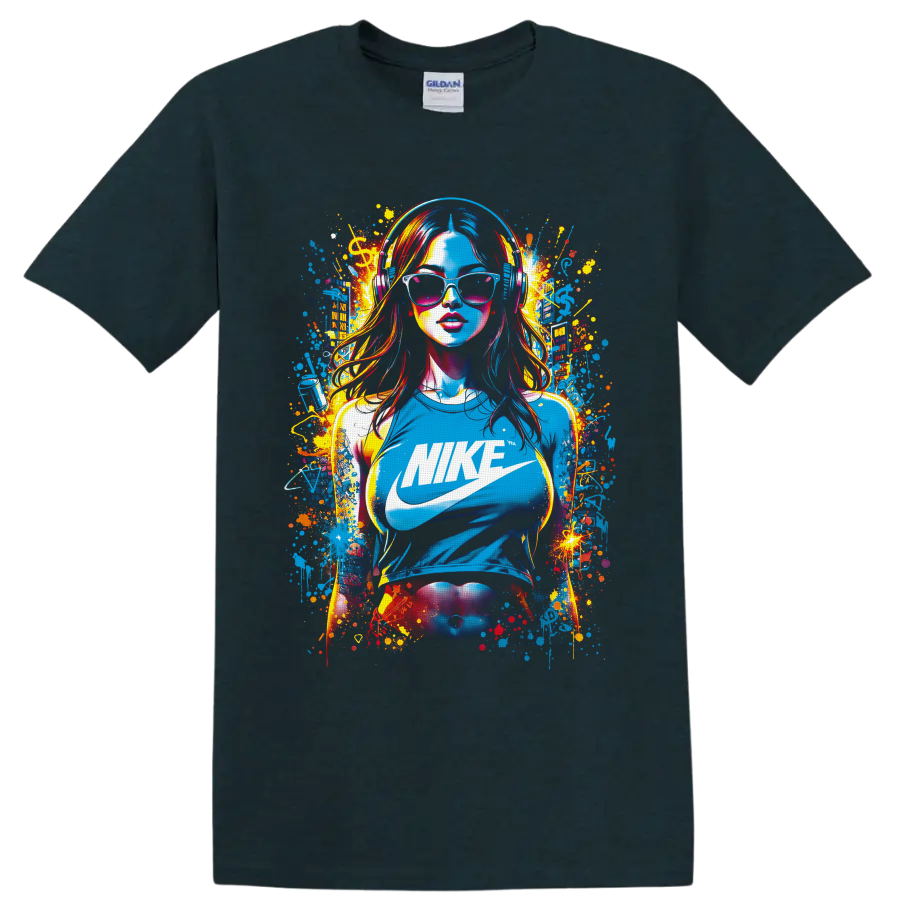 Nike logo pop-art woman in headphones and sunglasses with colorful graffiti splatters on a Midnight (Green) T Shirt