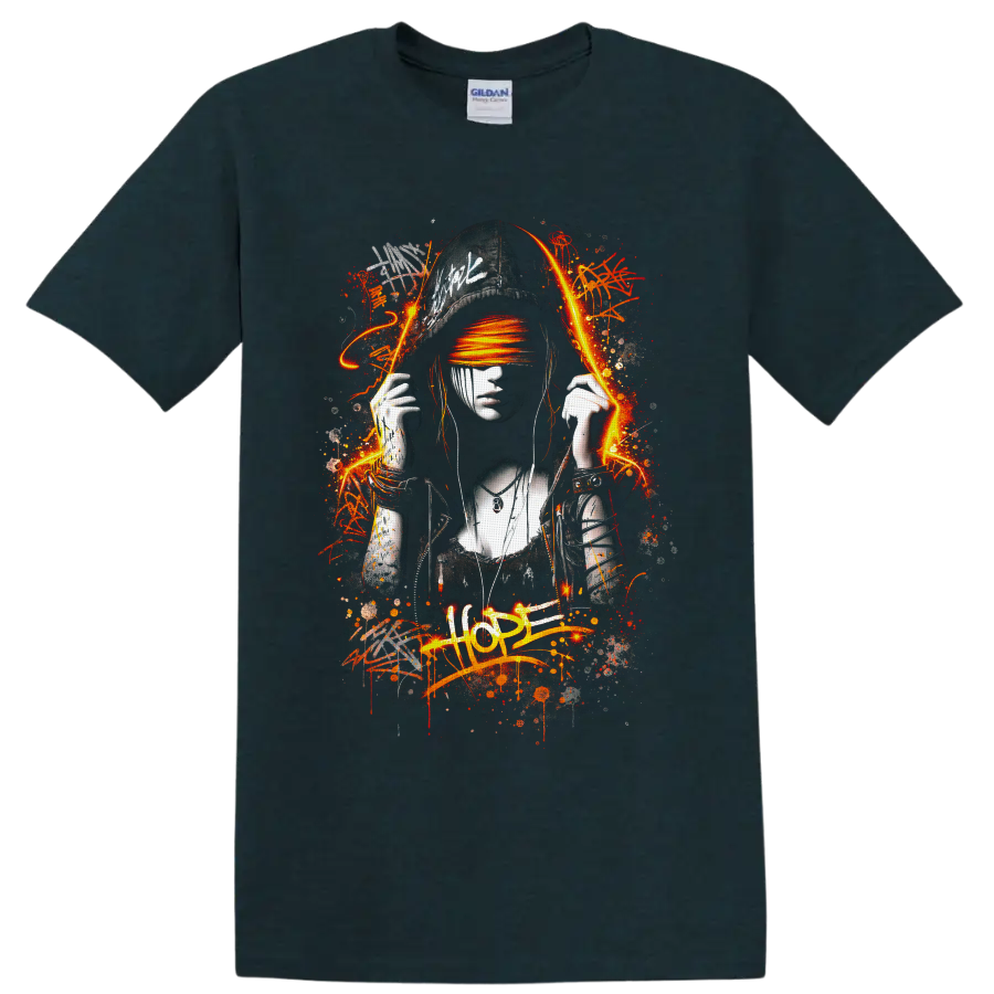 Graffiti-style woman in cap with orange blindfold, paint splatters, and HOPE text on a Midnight (Green) T Shirt