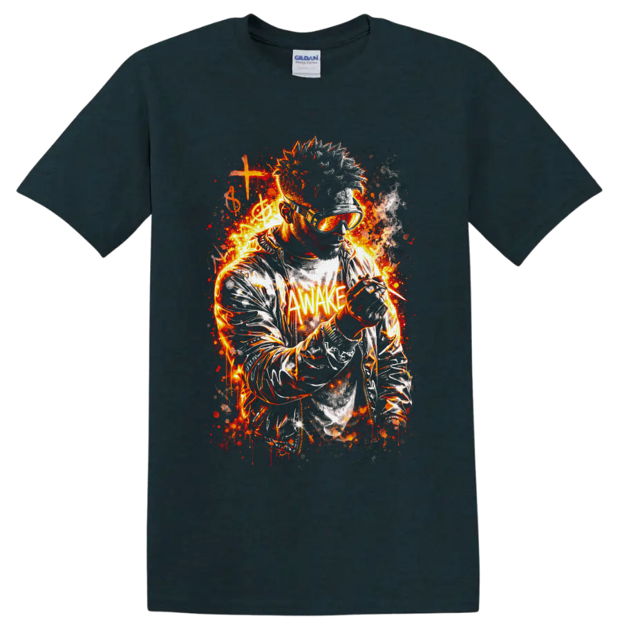 Fiery goggle-wearing musician with microphone, cross, treble clef, and AWAKE text on a Midnight (Green) T Shirt