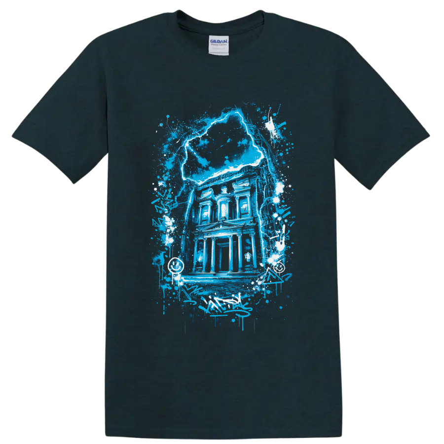 Electric-blue Gothic mansion with cracked moon, paint splatters, and graffiti accents on a Midnight (Green) T Shirt