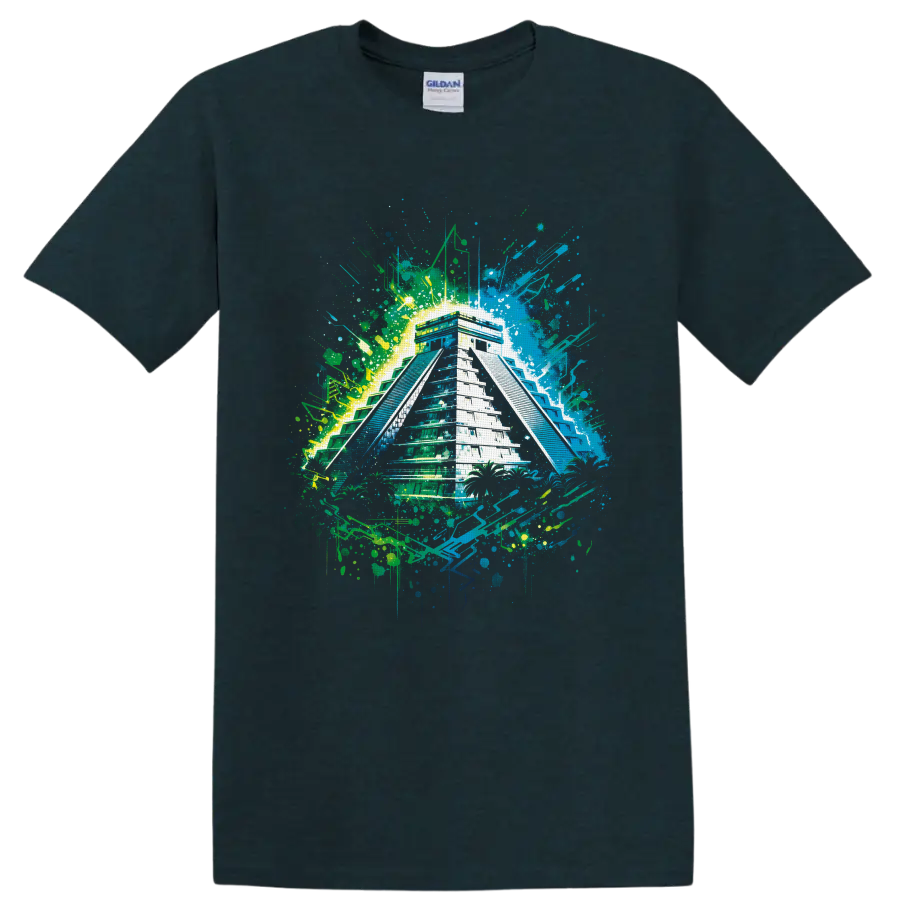 Mayan-inspired stepped pyramid in neon tropical graffiti paint splatter art on a Midnight (Green) T Shirt
