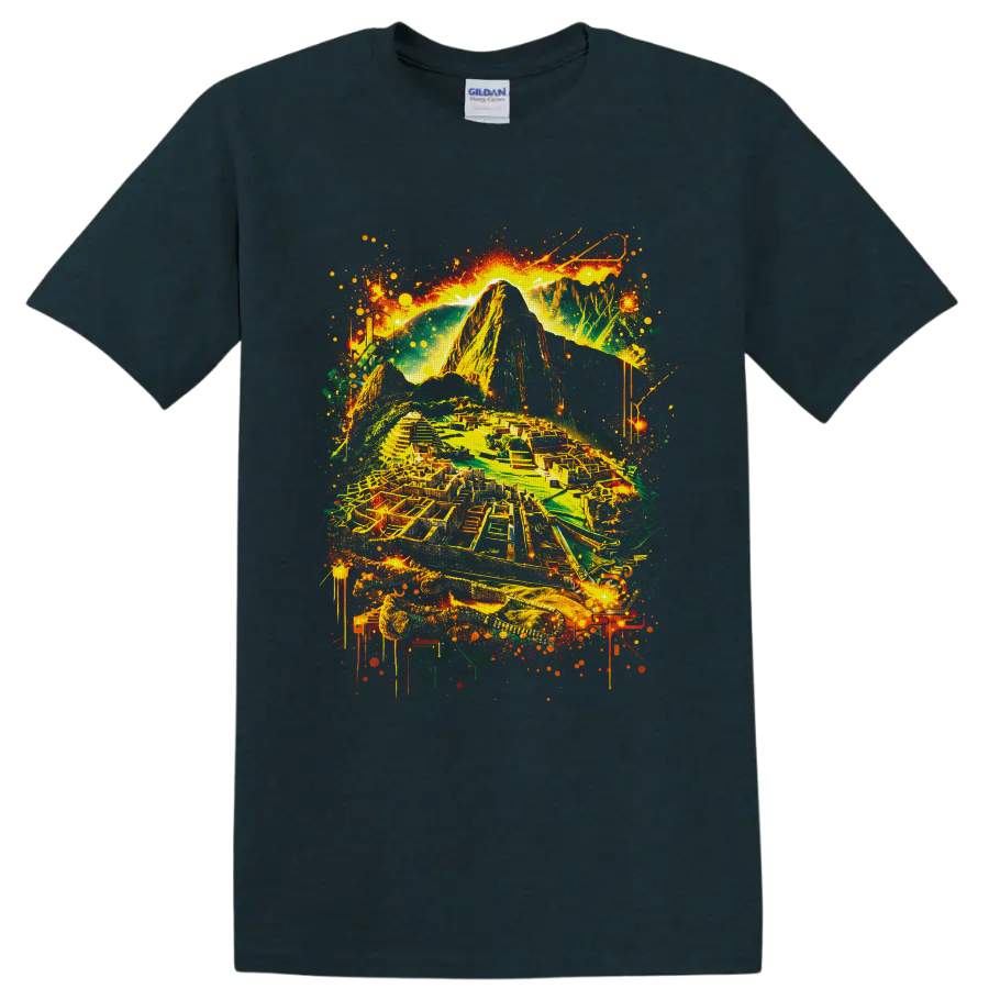 Neon-style Machu Picchu Inca citadel and Andes mountain graffiti artwork on a Midnight (Green) T Shirt
