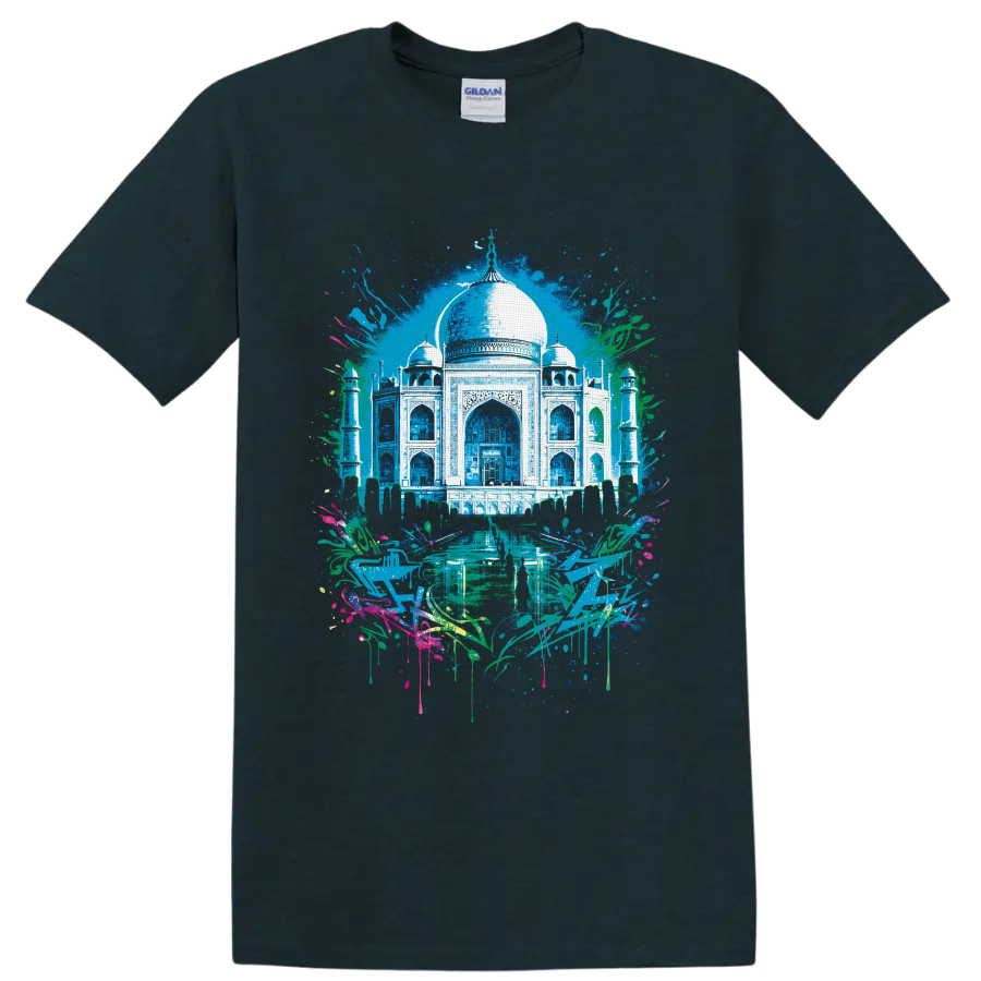 Taj Mahal watercolor illustration with minarets, reflecting pool, foliage, and paint on a Midnight (Green) T Shirt